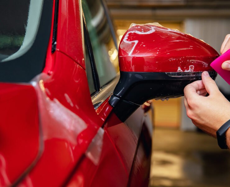 Master man installs vinyl film protect paint body side mirrors car.